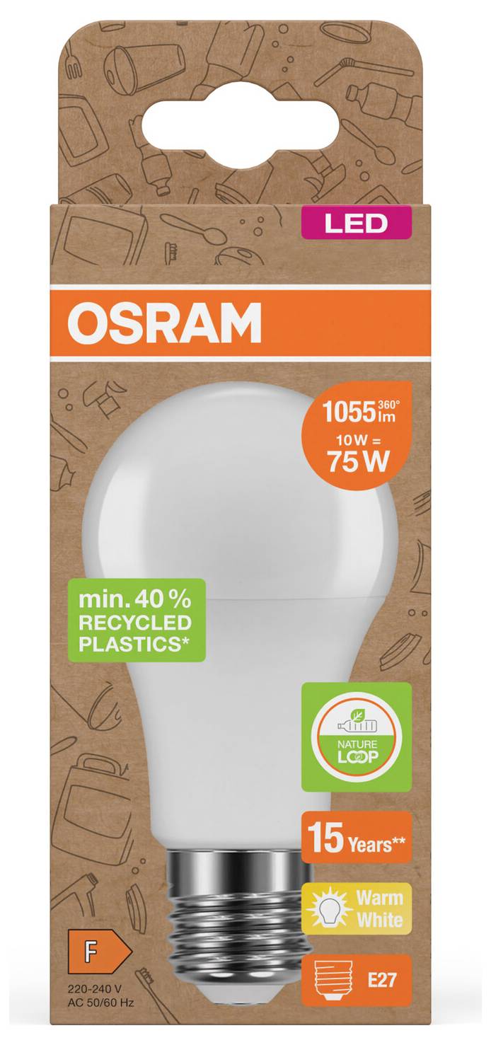 OSRAM LED-lyspære-emballage viser en varmhvid 10W-pære svarende til 75W, 1055 lm, E27-fatning, fremstillet med mindst 40% genanvendt plast.