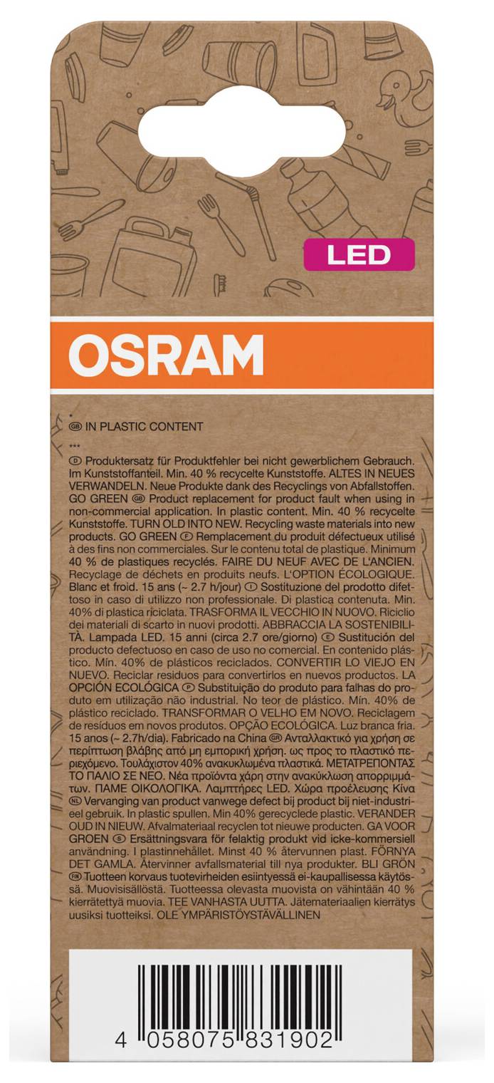 OSRAM LED-produktpakke på brun karton med værktøjsikoner, orange mærkebånd og stregkode nederst.