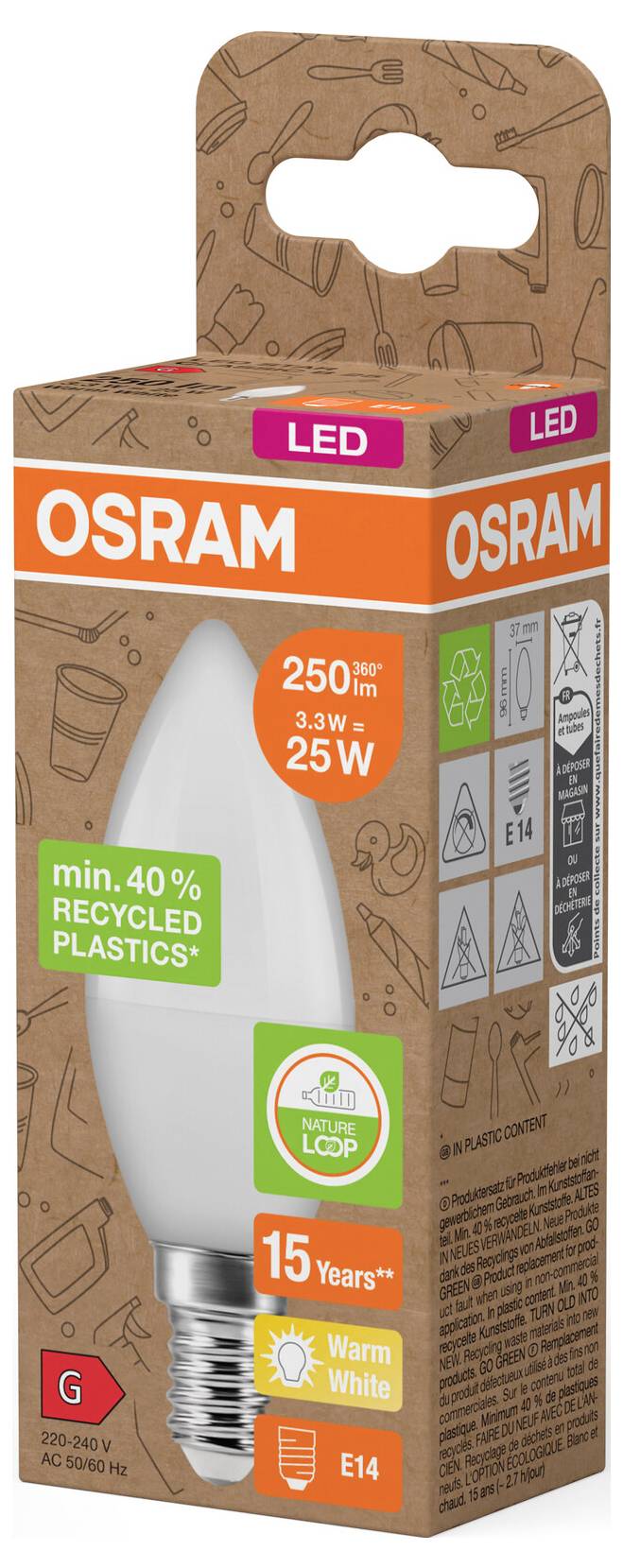 OSRAM LED-pære æske, der viser 250 lm, 3,3 W svarer til 25 W, varm hvid, E14-fatning, 15-års levetid og 40% genbrugtet plast.