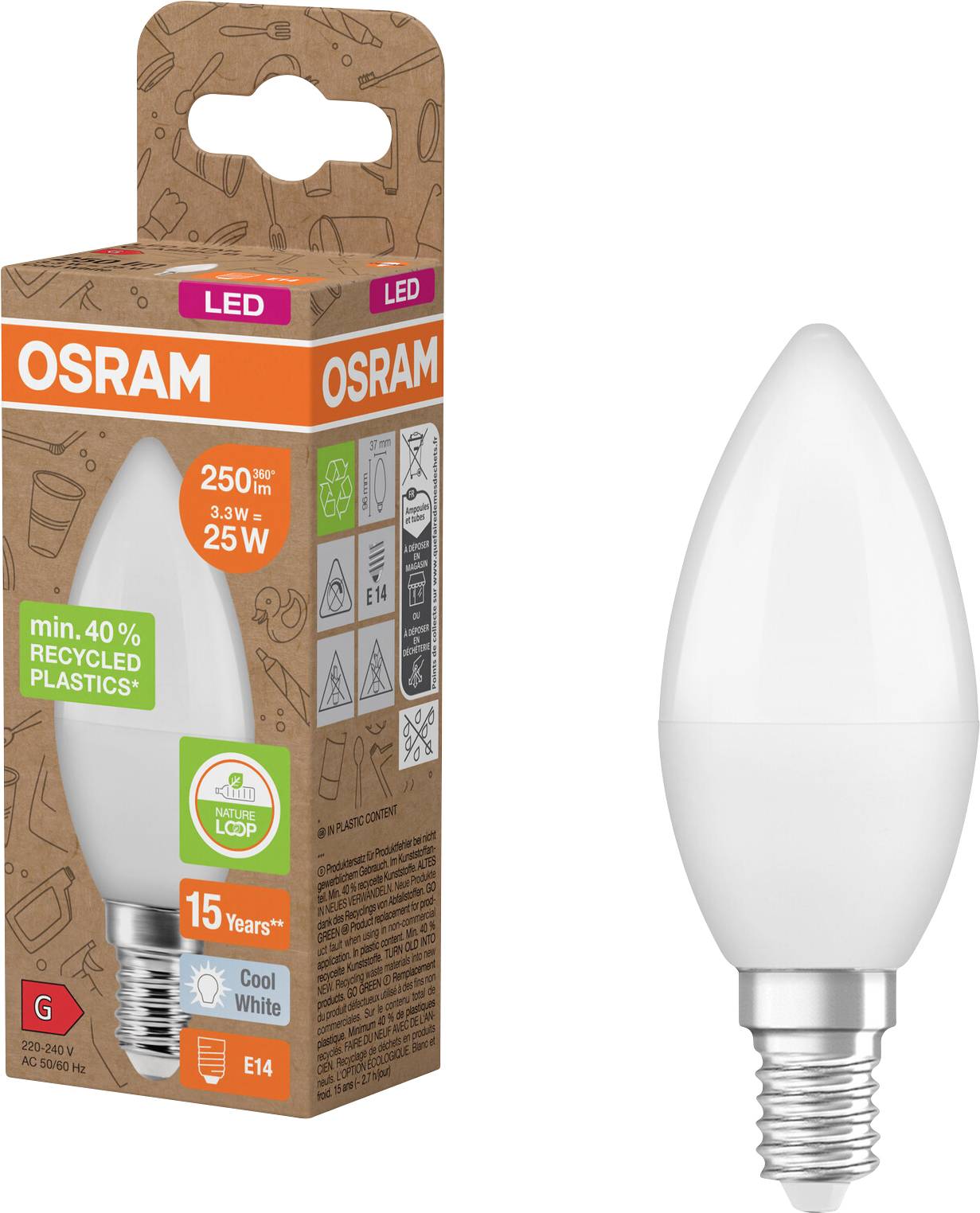 OSRAM LED stearinlysbulb i emballage, 3,3W, 250 lm, E14 fatning, køligt hvidt lys, som erstatning for 25W traditionel belysning.