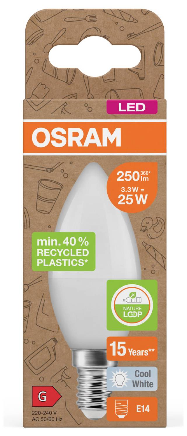 OSRAM LED stearinlysformet pære på emballage, etiket '250 lm', '3,3 W 25W', 'min. 40% genbrugbar plastik', '15 år', 'Kølig hvid', 'E14', energiklasse G.