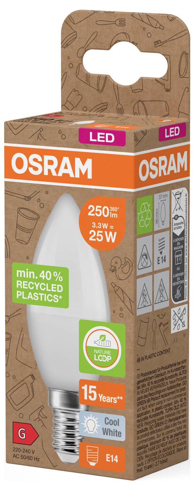 OSRAM LED-pære emballage med brun genbrugslook i pap, viser 250 lm, 3,3 W, 25 W ækvivalent, køligt hvidt lys, E14-fatning og 15 års levetid.