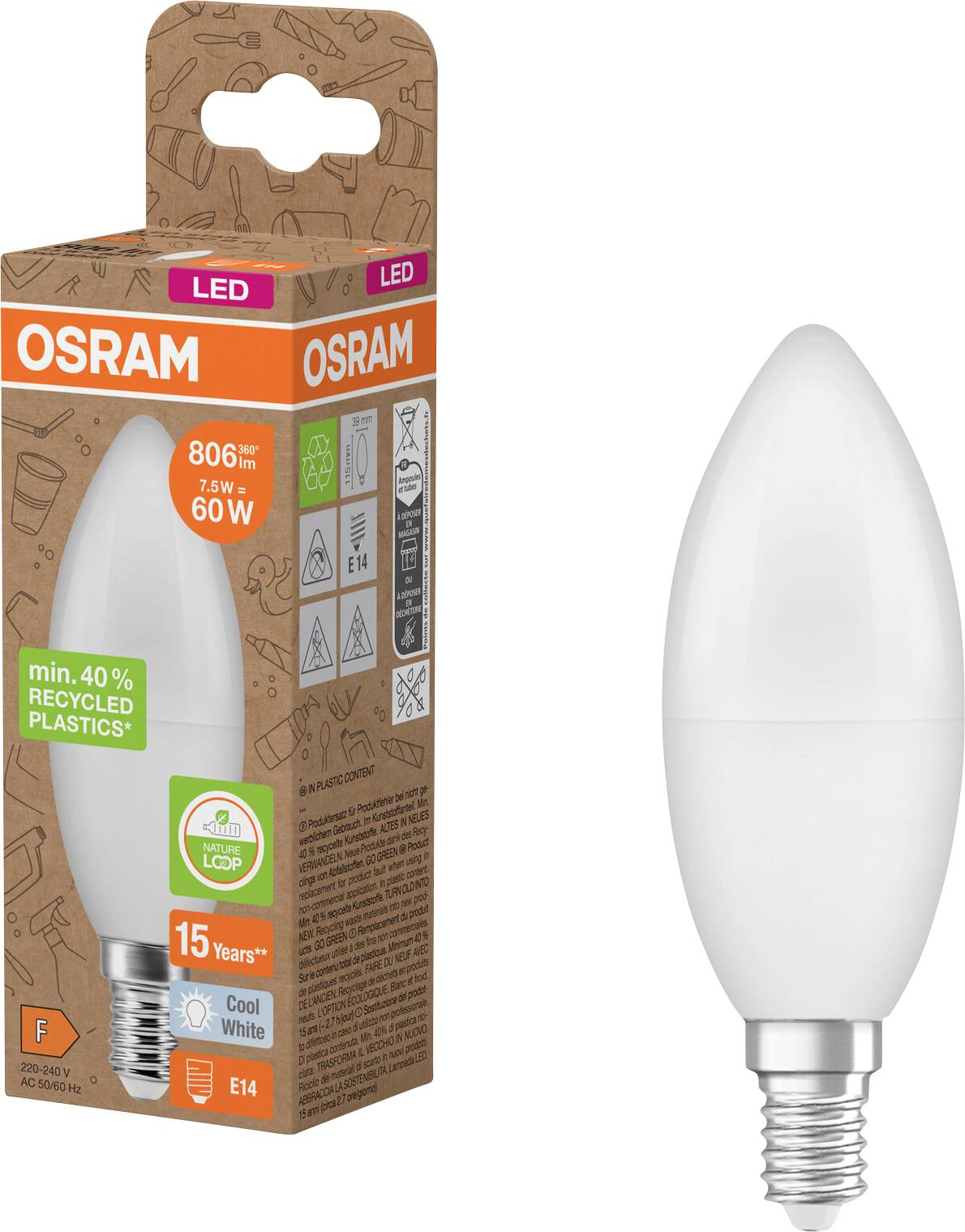 OSRAM LED-stearinlyslys i emballage, mærket 7,5W, 806 lm, erstatning for 60W, køligt hvidt, E14-sokkel, 15 år.