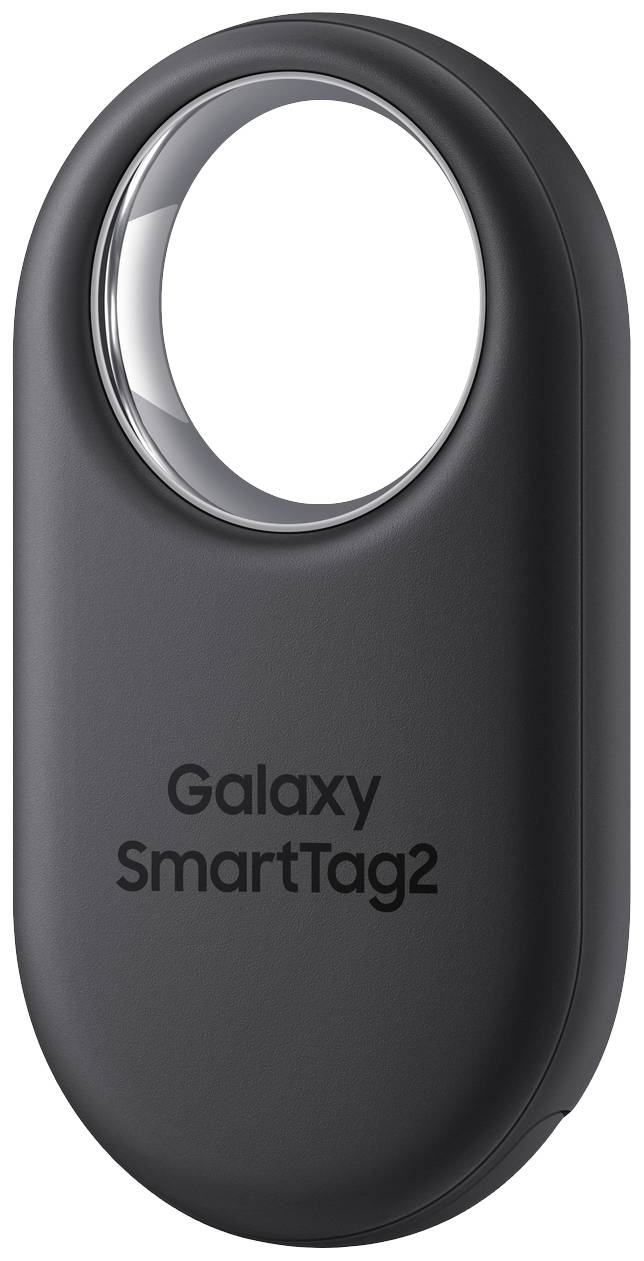 Sort, oval enhed med et hul øverst, hvorpå der står 'Galaxy SmartTag2'. Bruges til sporing af genstandes placering.