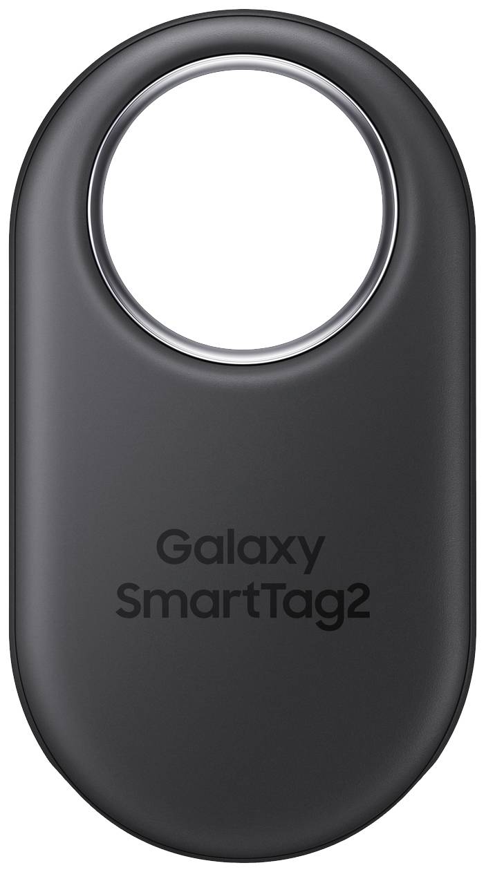 Sort Galaxy SmartTag2 med oval form og et defineret hul øverst, hvorpå teksten 'Galaxy SmartTag2' er trykt.