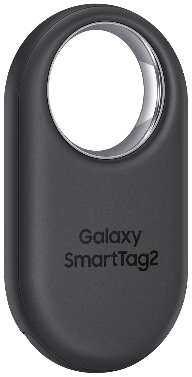 Galaxy SmartTag 2 i sort farve, oval form, med metalring til ophængning.