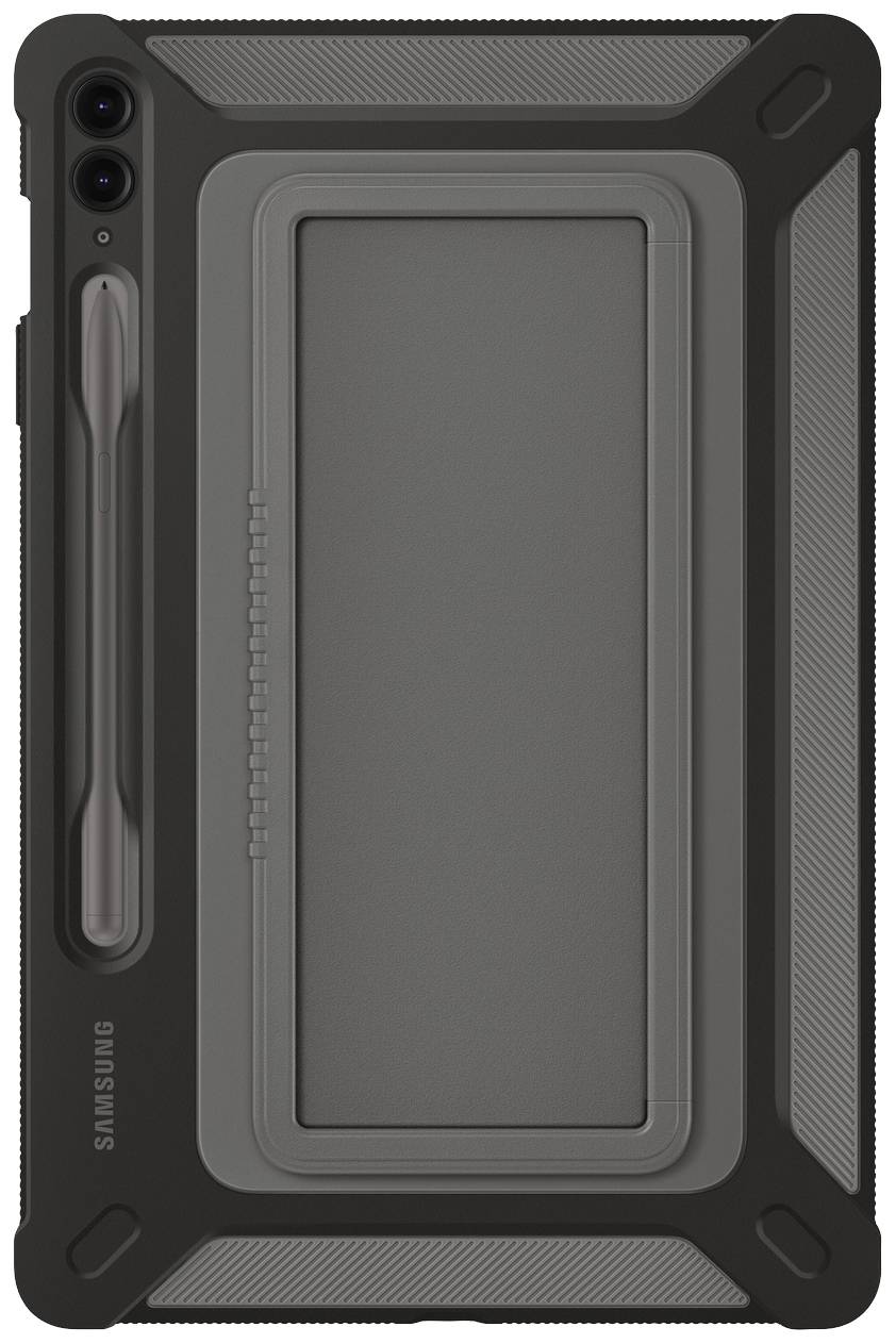 Sort og grå tablet-etui med robust design og integreret penneholder. Placeret vertikalt med bagsiden synlig.