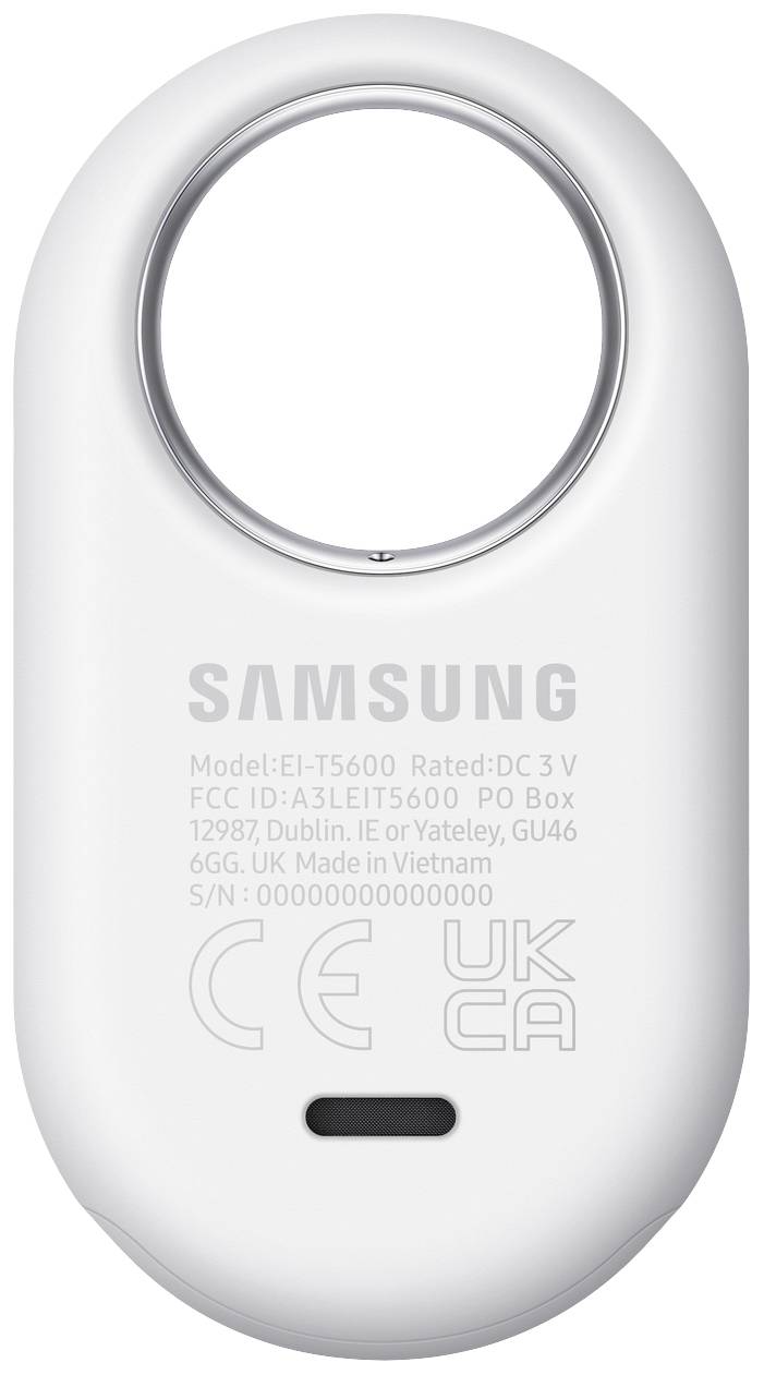 En hvid, oval elektronisk enhed med en metalring øverst. Forsynet med 'SAMSUNG' og tekniske detaljer.
