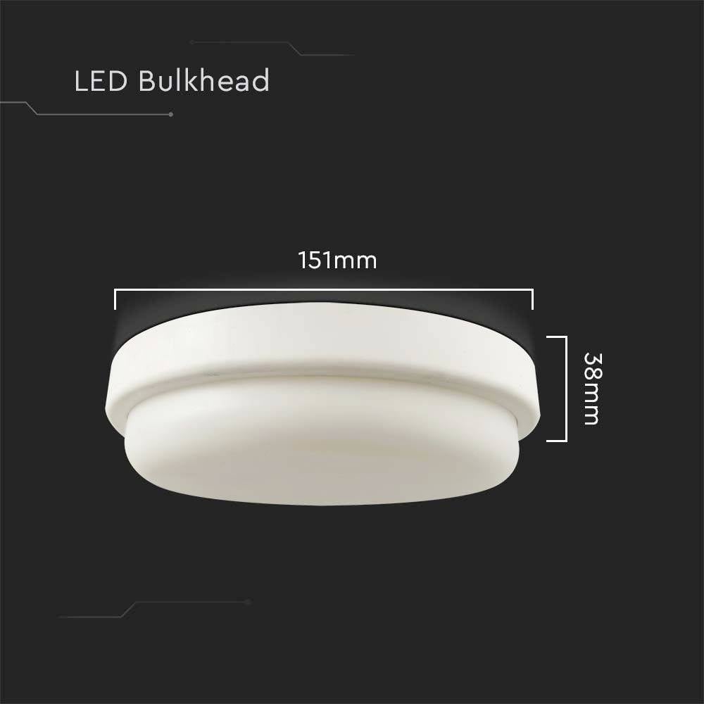 En rund LED-loftslampe i hvid med målene 151 mm i diameter og 38 mm i højden på sort baggrund.