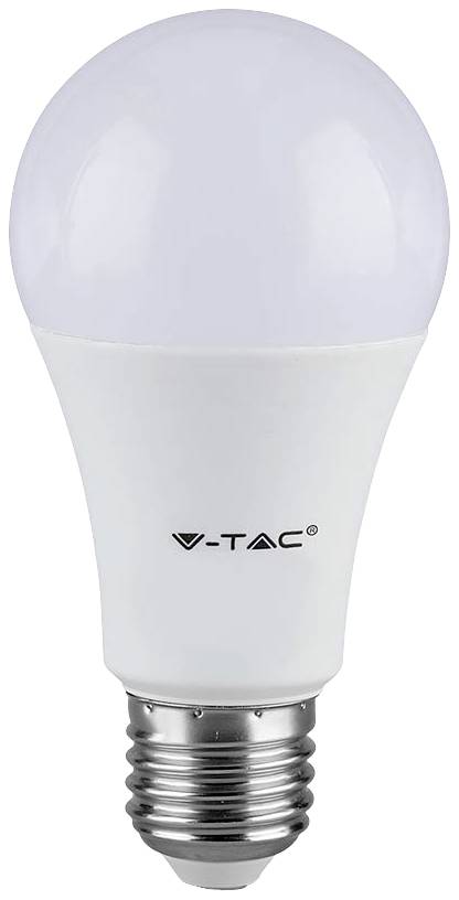 LED-pære, mærket 'V-TAC', med E27-gevind. Energieffektivt hvidt design til bolig- eller arbejdsrum.
