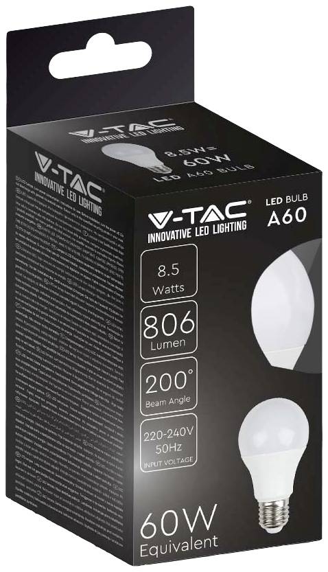 LED-pære emballage: V-TAC mærke, 8,5 Watt, 806 Lumen, 200 graders spredningsvinkel, 220-240V, svarer til 60W glødepære.
