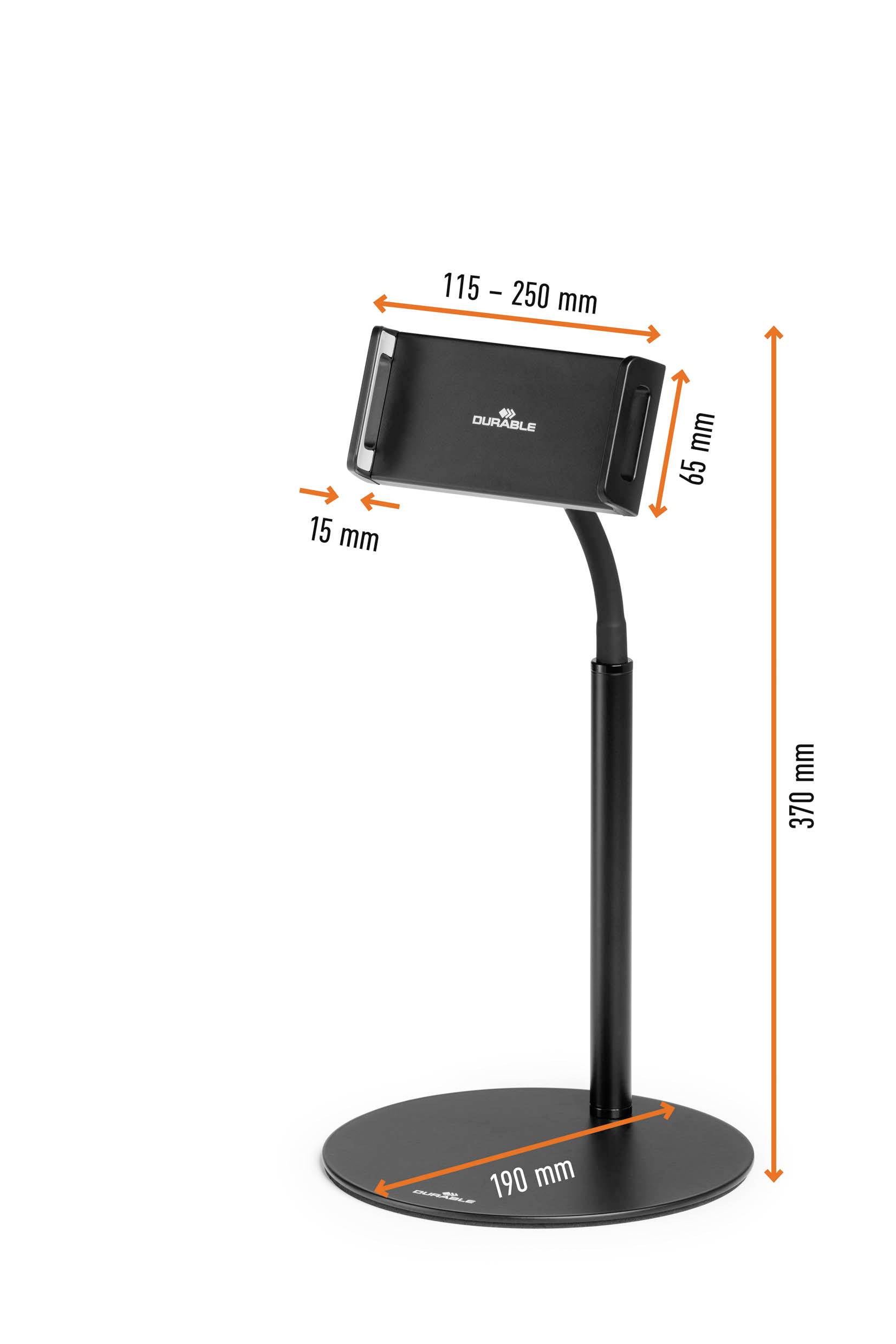 En sort tablet-holder med justerbar beslag, højde 370 mm. Egnet for tablets med en bredde på 115-250 mm.