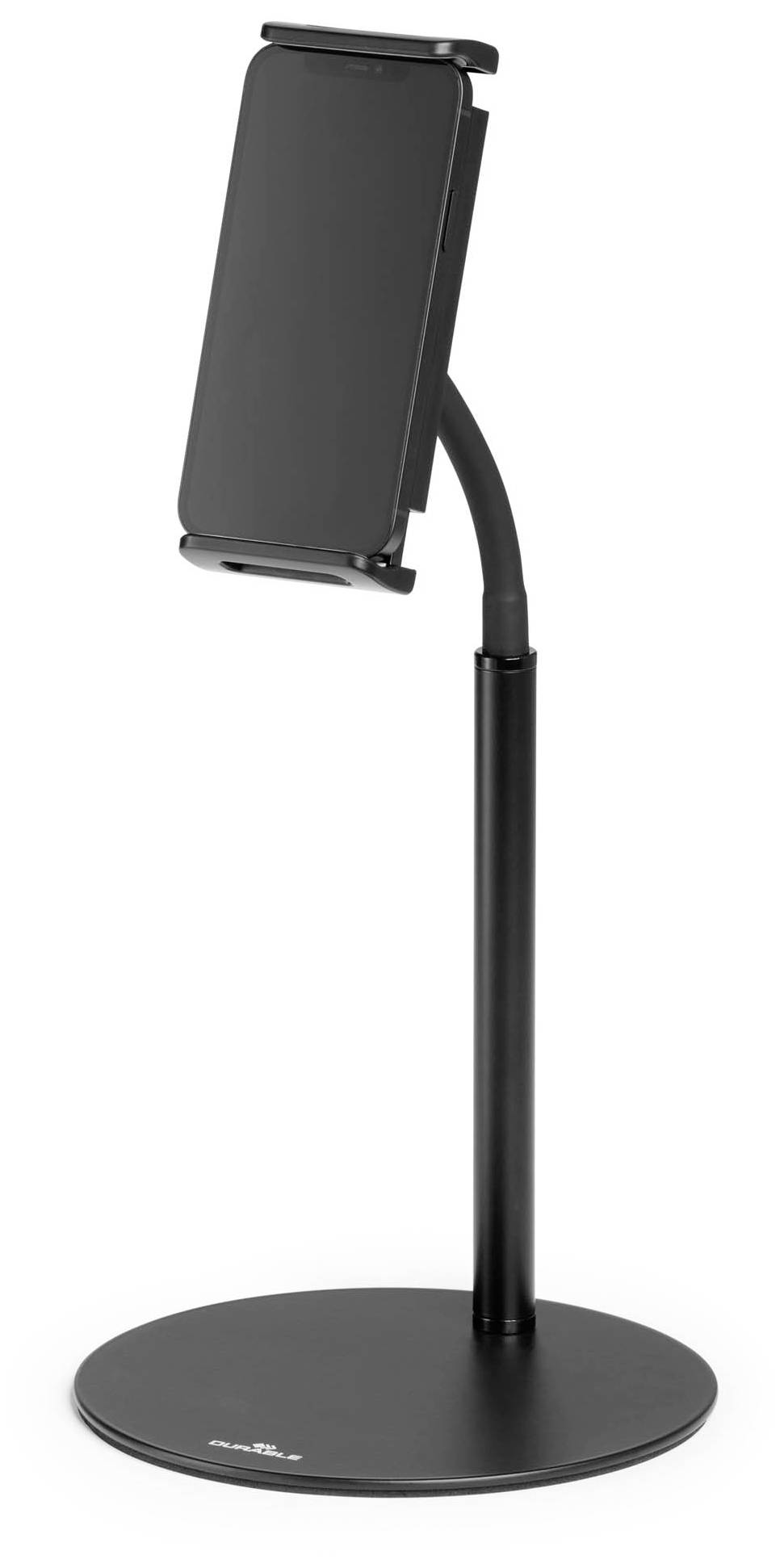 Smartphone-holder med sort stativ og justerbar arm, perfekt til skriveborde eller arbejdsflader.