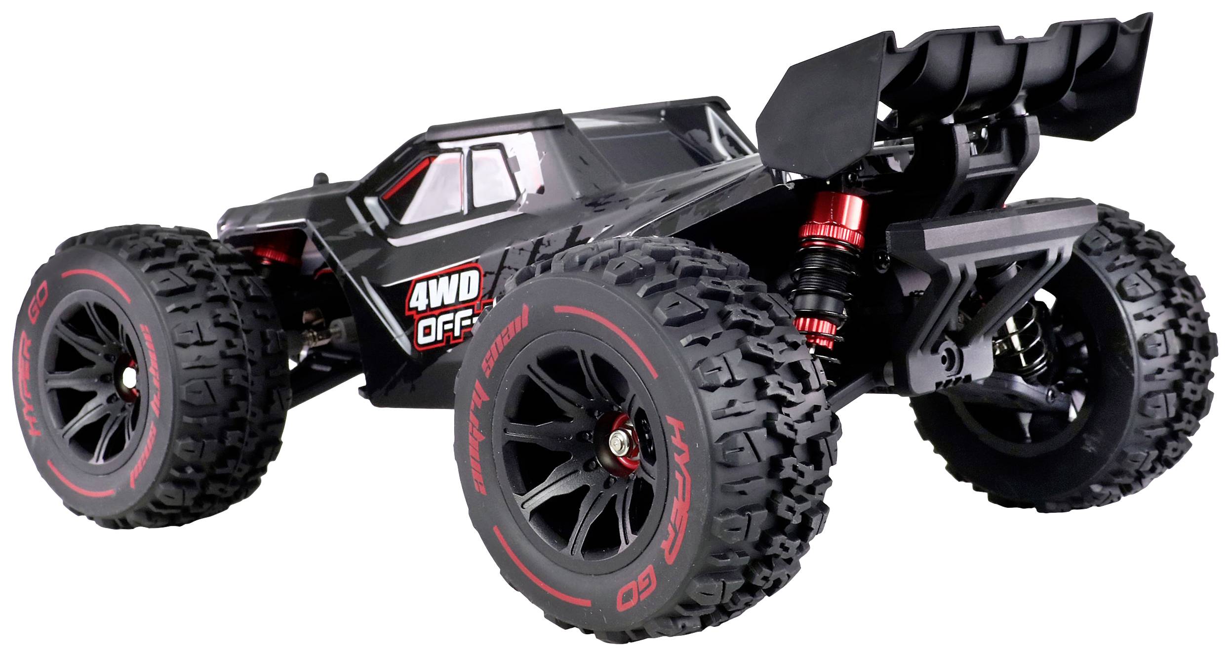 En sort fjernstyret bil med store dæk og spoiler. Påskrift '4WD Offroad'. Egnet til udendørs eventyr.