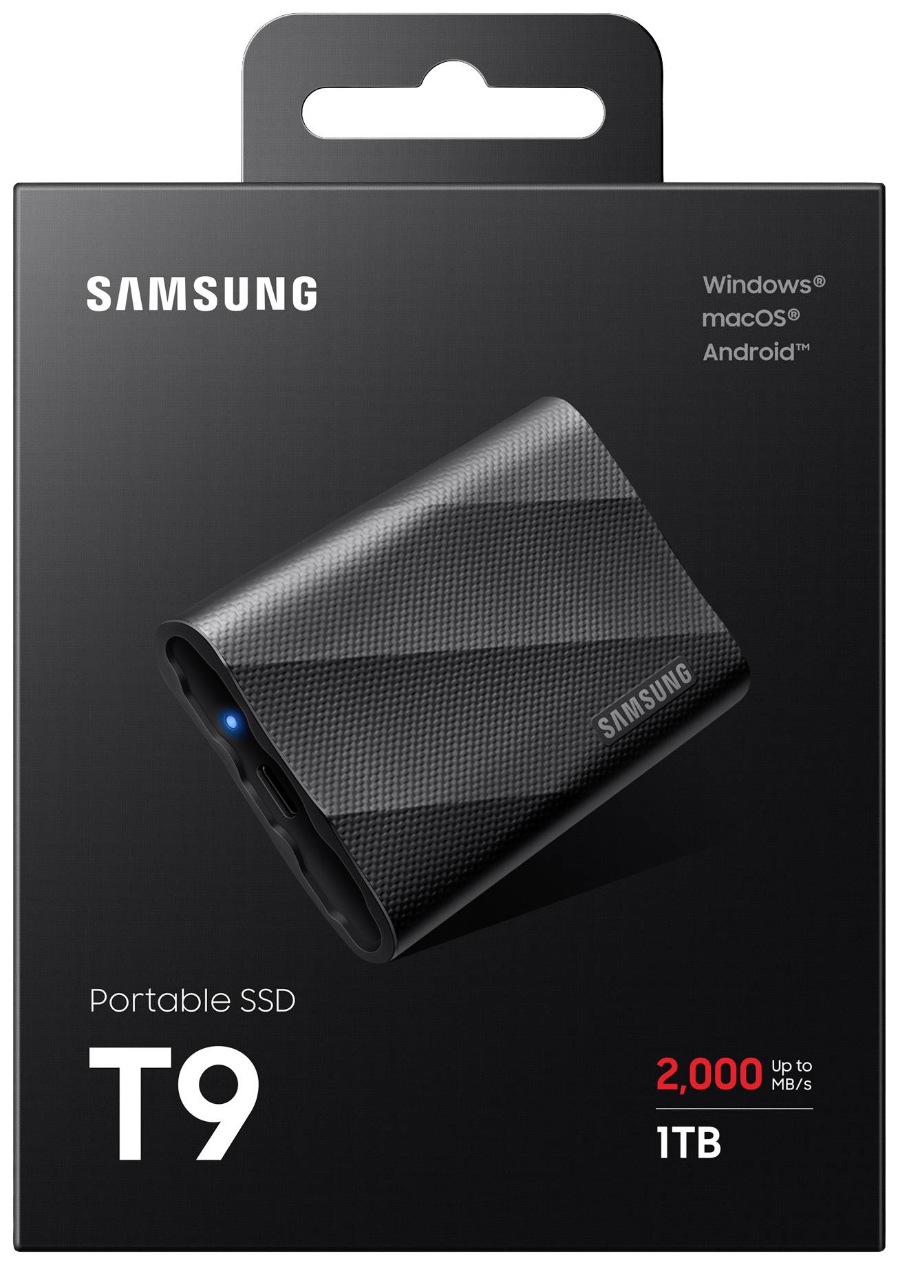 En sort Samsung Portable SSD T9 med 1TB kapacitet, kompatibel med Windows, macOS og Android, overførselshastighed op til 2.000 MB/s.