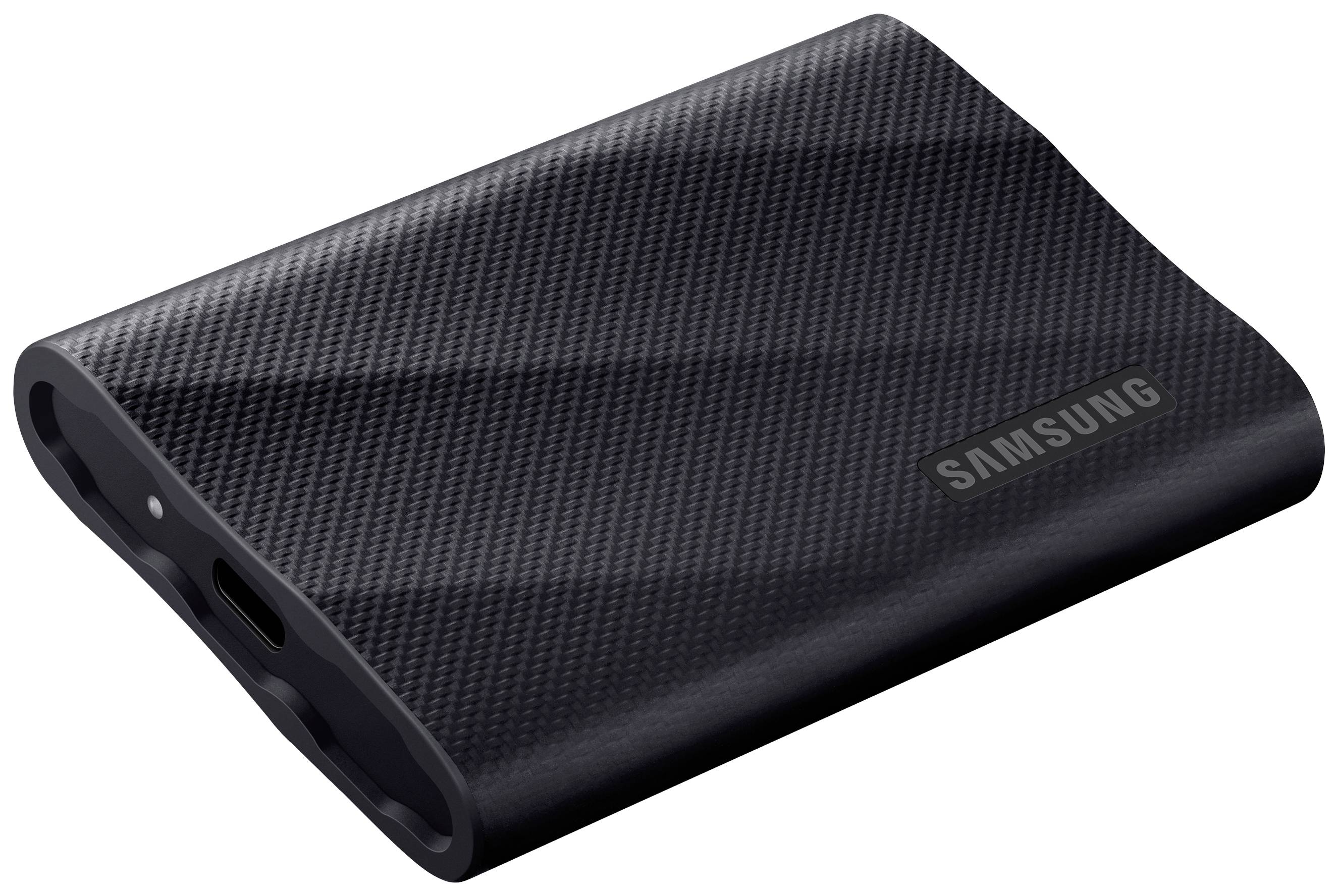 Ekstern SSD fra Samsung, sort, kompakt design med afrundede kanter, forbindelsesside synlig, velegnet til datalagring.