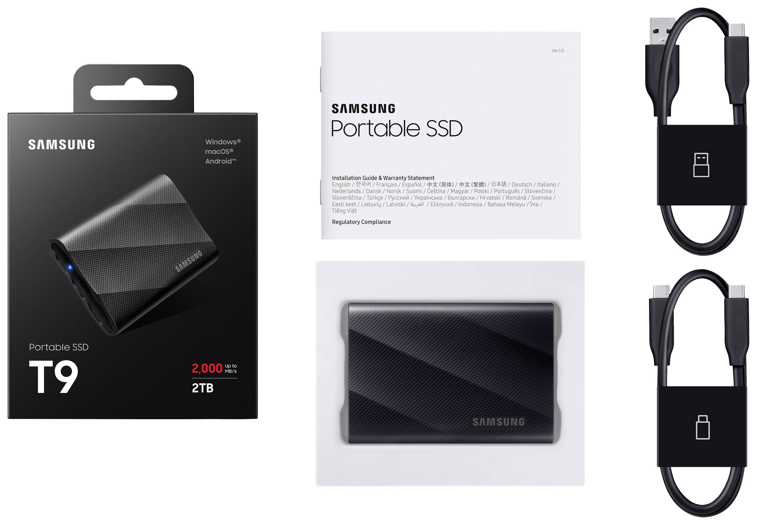 Ekstern SSD Samsung T9 Portable med 2 TB kapacitet, emballage, brugsanvisning og USB-kabel.
