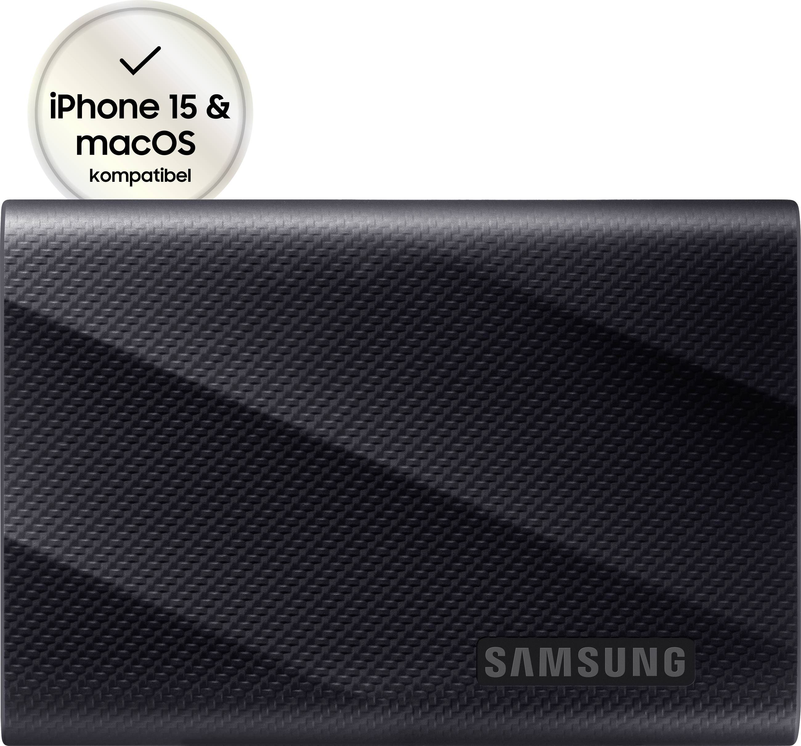 En sort Samsung SSD, der markedsføres som 'kompatibel med iPhone 15 & macOS'.