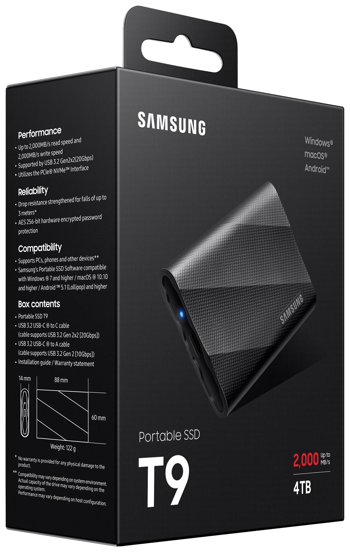Sort emballage til en Samsung Portable SSD T9 4TB med produktoplysninger om ydeevne, pålidelighed og kompatibilitet.
