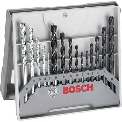 Borsæt med forskellige størrelser i et grå etui, mærket 'Bosch', synligt. Indeholder metal- og stenboremaskiner.