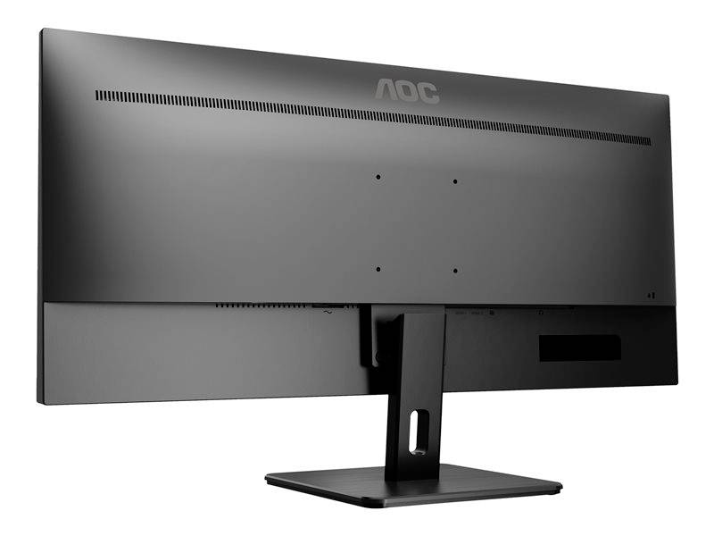 Bagfra et moderne computerskærm på en fod, med et enkelt design og AOC-logoet øverst.