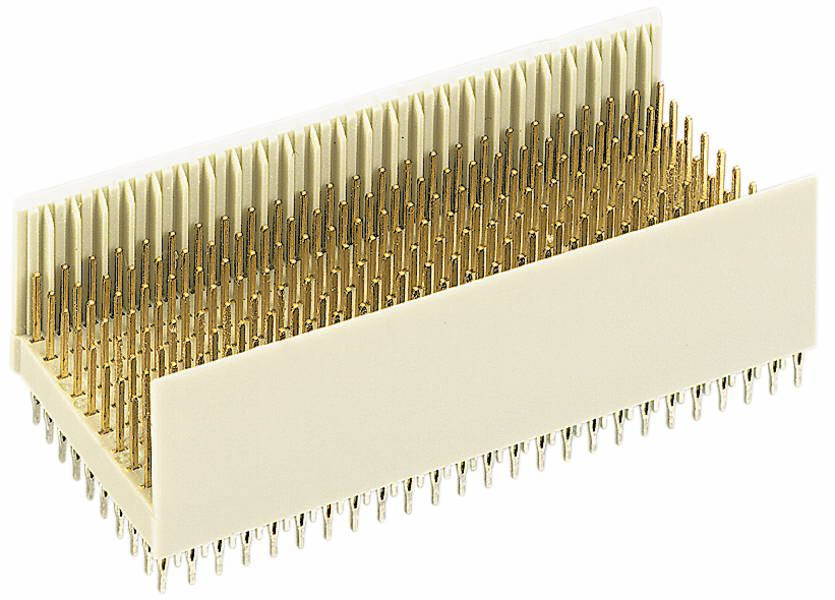 Rektangulær stikforbinder med mange guldbelagte ben i to rækker, som bruges i elektroniske enheder til forbindelser.