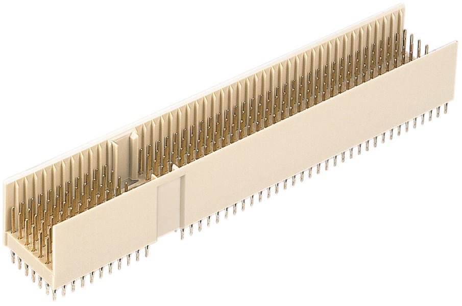 Rektangulær, beige stikforbinder med mange metalben arrangeret i en række. Egnet til elektroniske forbindelser.