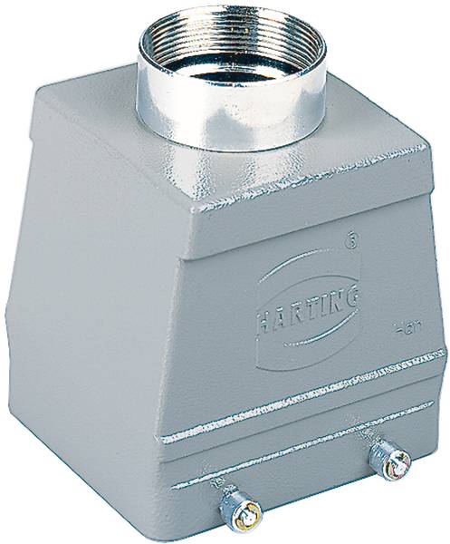 Grå rektangulær kasse med metalforbindelse øverst og to skruer nederst, mærket 'Harting' synligt.