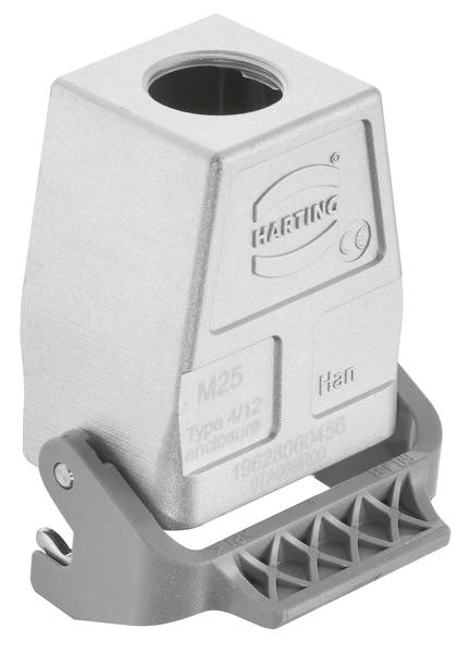Grå Harting-kasse M25 Type 4/12, med svingarm på undersiden. Kasse mærket med 'Han' og produktnumre.