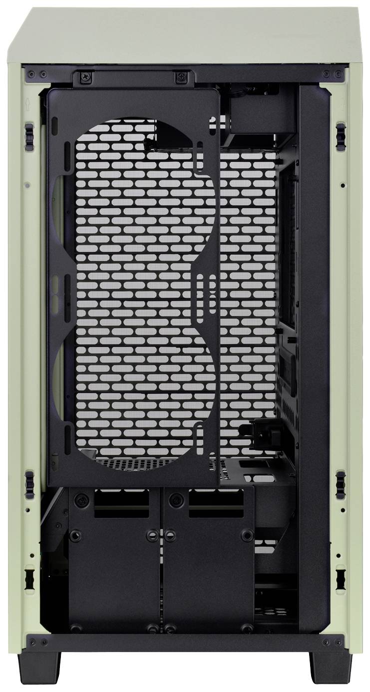 Åbent PC-kabinet set forfra, med synlig intern ramme og blæserbeslag. Ingen hardwarekomponenter installeret.