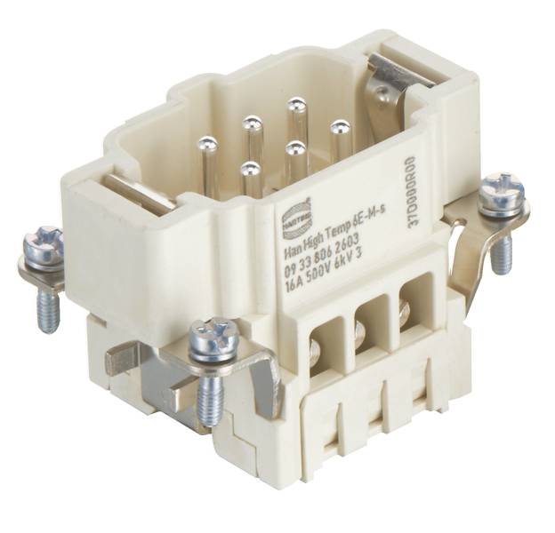En elektrisk stikforbindelse i beige farve med flere metalliske kontakter og sidemonteringsskruer, egnet til høje temperaturberedskaber.