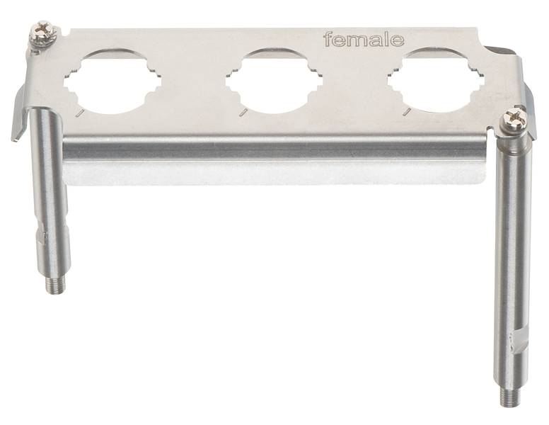 Metalmonteringsholder med tre cirkulære åbninger, mærket 'female', egnet til tekniske installationer.