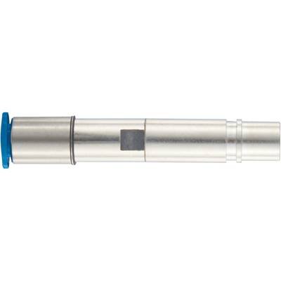 Metalcylinder set fra siden med blå ende og sort rektangulær detalje i midten; teknisk komponent.