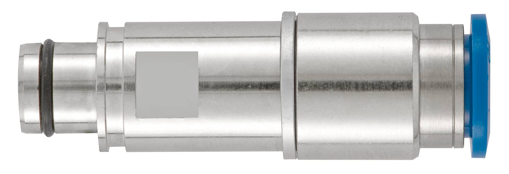 Metallisk stikforbindelse med blå hætte, cylinderformet. Bruges til pneumatiske applikationer.