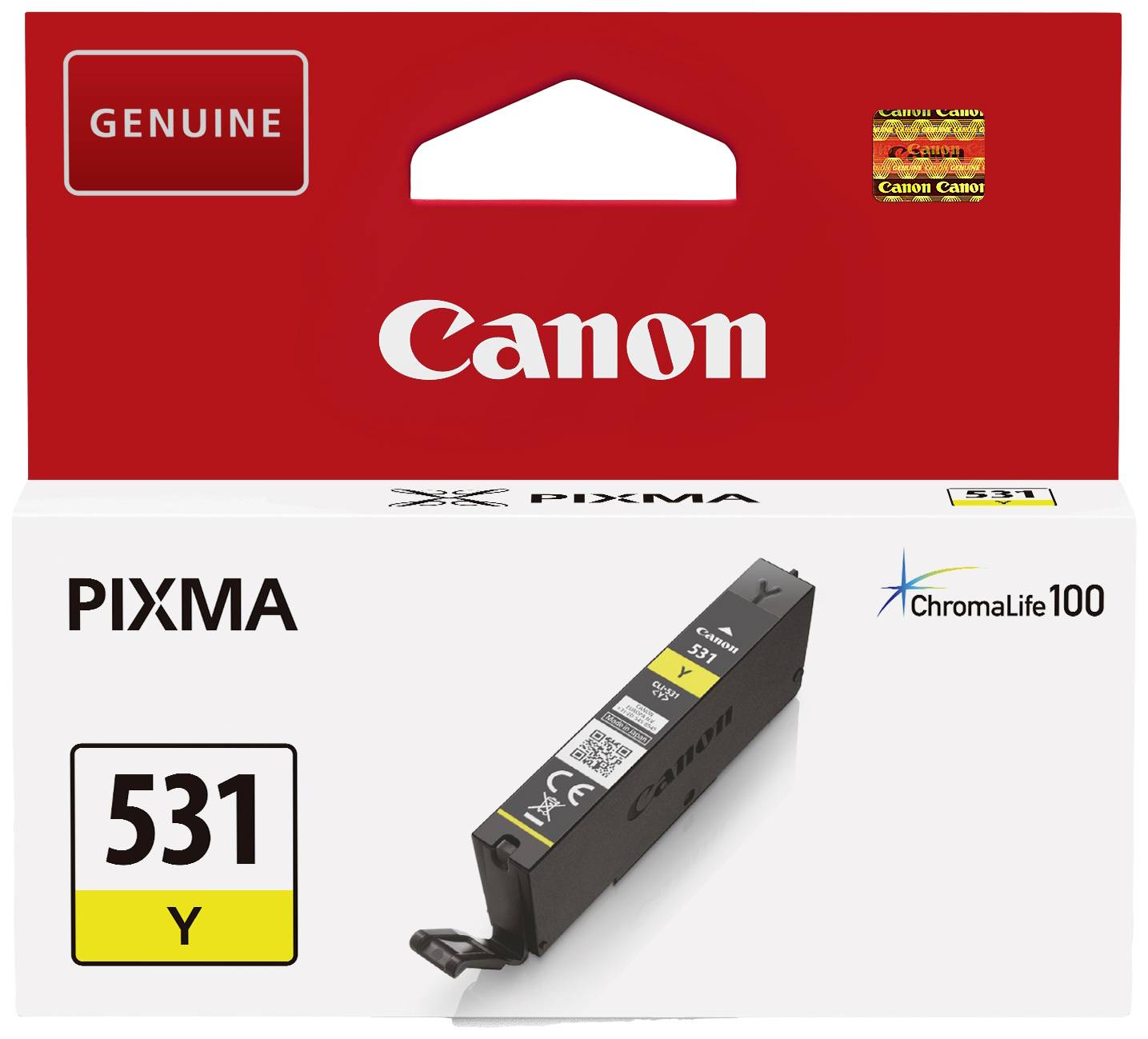 Emballage til en Canon PIXMA 531 Y blækpatron i gul farve, med ChromaLife100-logo. Indeholder reference til originalproduktet fra Canon.