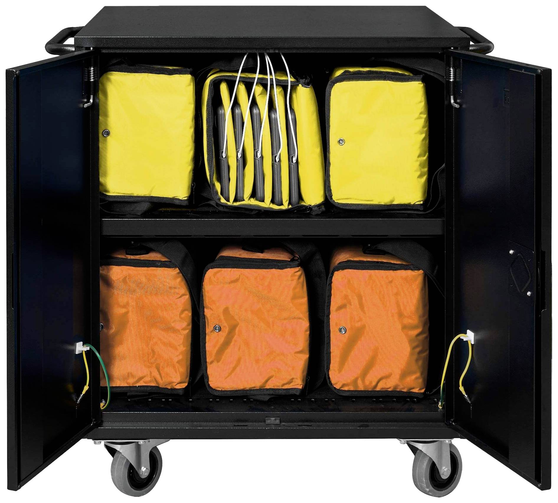 Sort rullevogn med åbne døre viser gule og orange transporttasker, som er forbundet med kabler, placeret på to hylder.