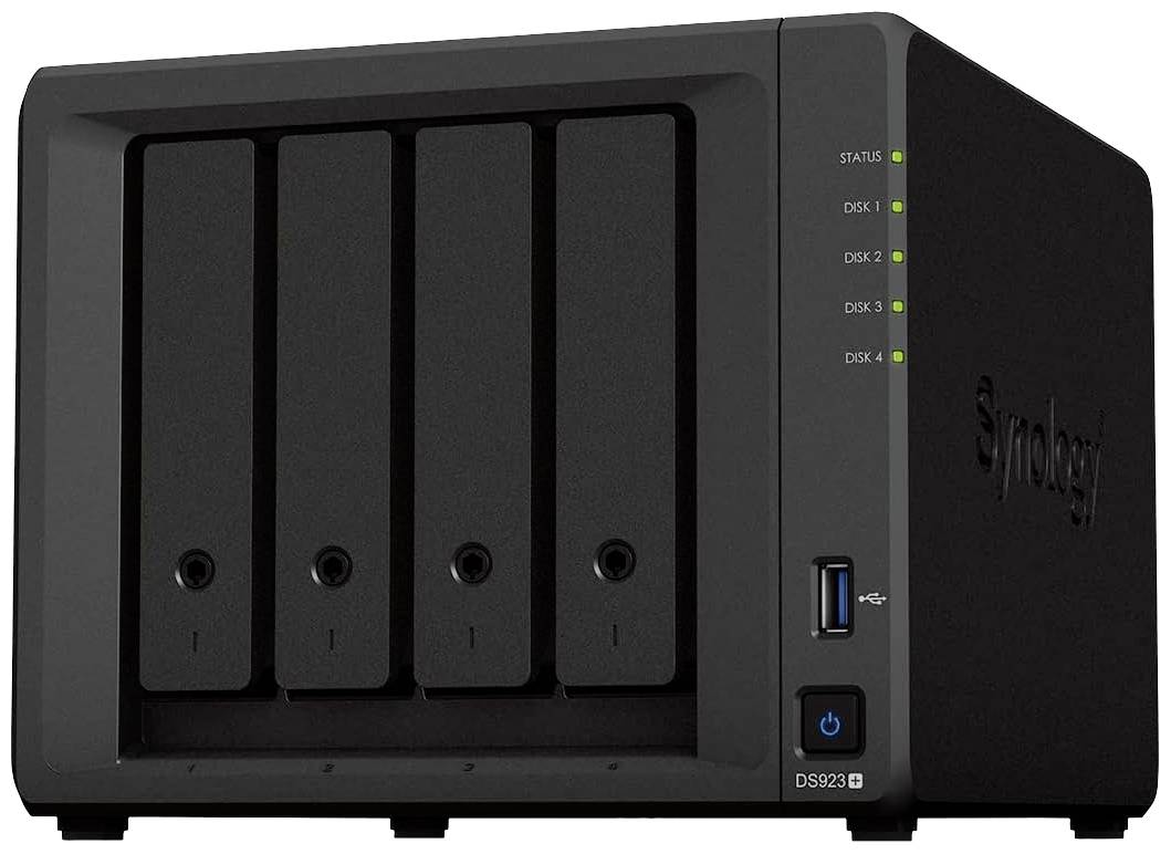 Synology NAS med fire harddiskpladser, LED-statusvisninger og en USB-port i fronten.