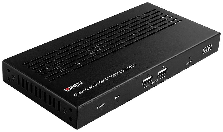 Schwarzer 4K 30 HDMI & USB over IP decoder fra Lindy. Enheden er flad med ventilationssprækker, to USB-porte og kontrollamper.