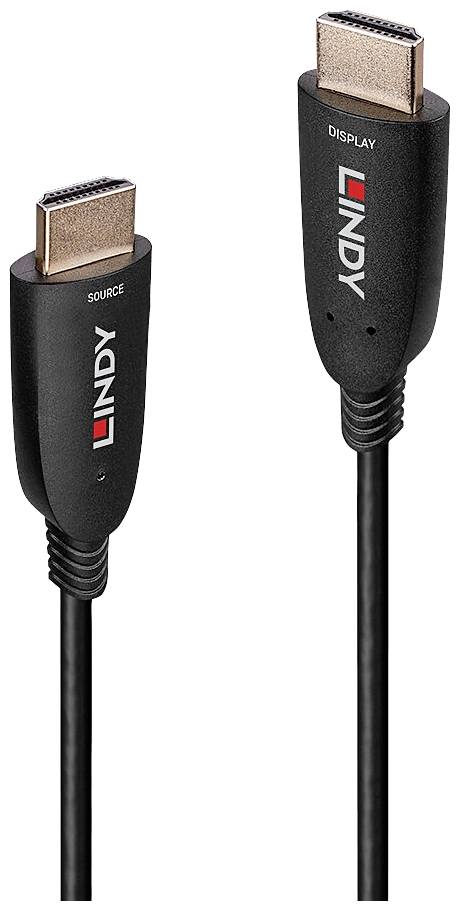 HDMI-kabel med 'LINDY'-mærkning; én stik er markeret som 'SOURCE', den anden som 'DISPLAY'.