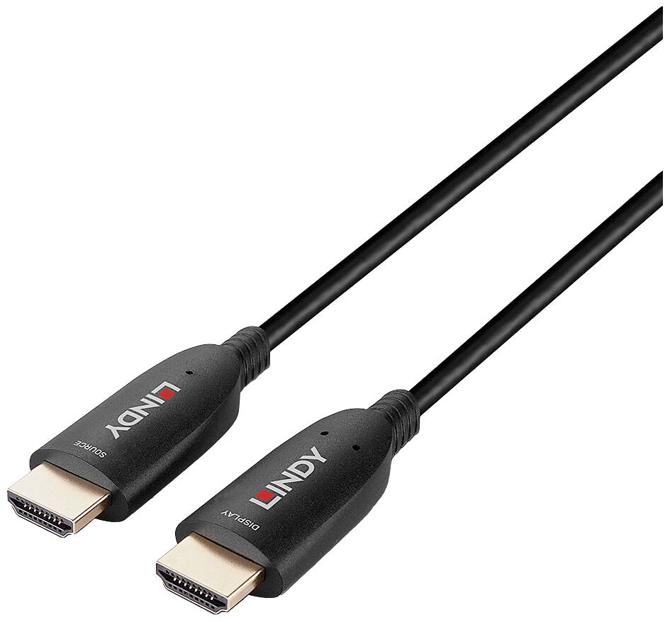 Et langt, sort HDMI-kabel med to stik, begge mærket 'LINDY', til overførsel af lyd- og videosignaler.
