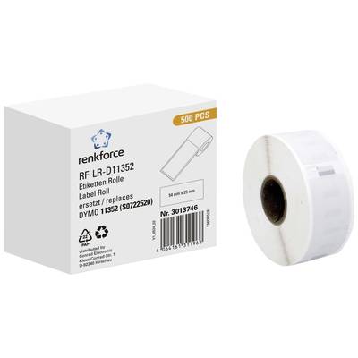 En rulle etiketter '54 mm x 25 mm' ved siden af emballagen med 500 styk. Varenavnet er 'renkforce', som erstatter 'DYMO 11352'.