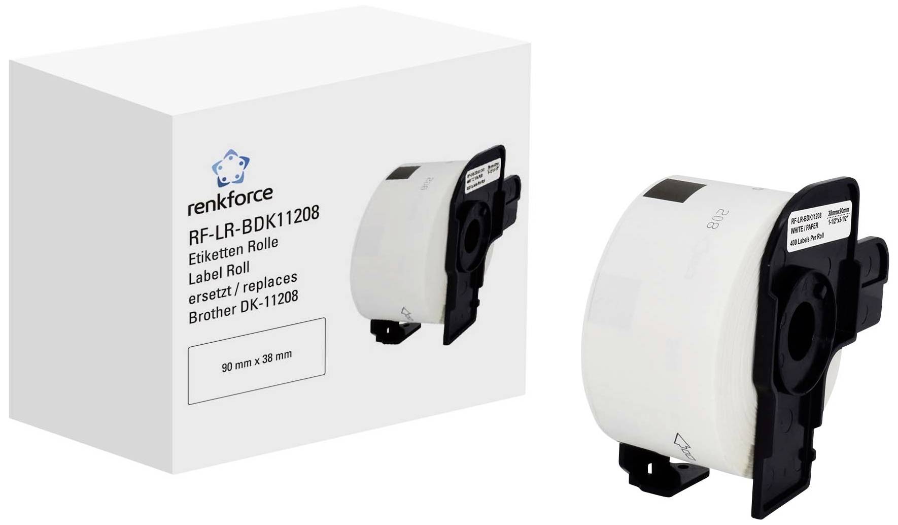 Etiketrulle ved siden af emballage med teksten: 'RF-LR-BDK11208, erstatter Brother DK-11208, 59 mm x 38 mm'.