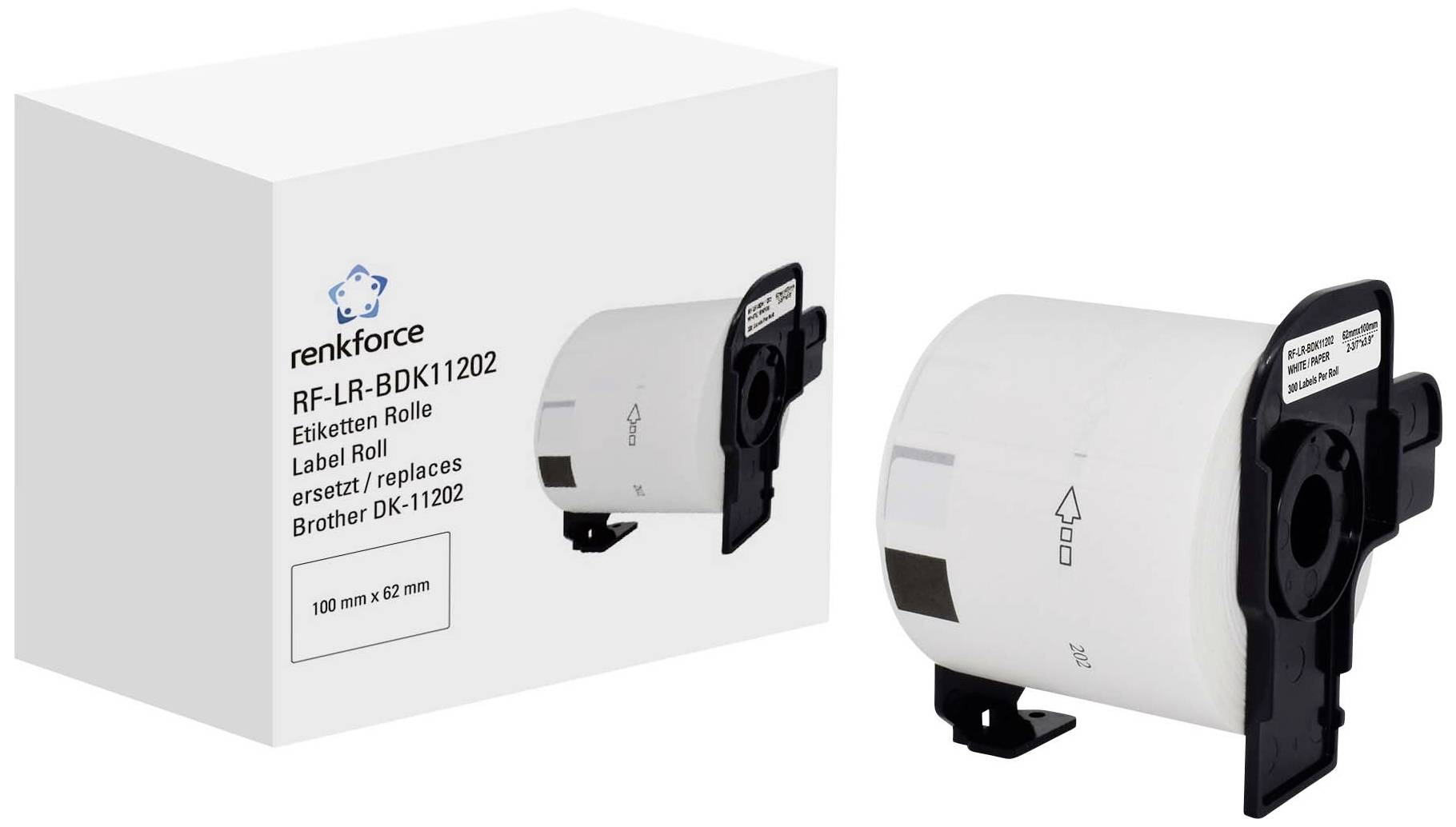 En rulle etiketter med teksten 'renkforce RF-LR-BDK11202 mærkede ruller erstatter Brother DK-11202'. Emballage i baggrunden.