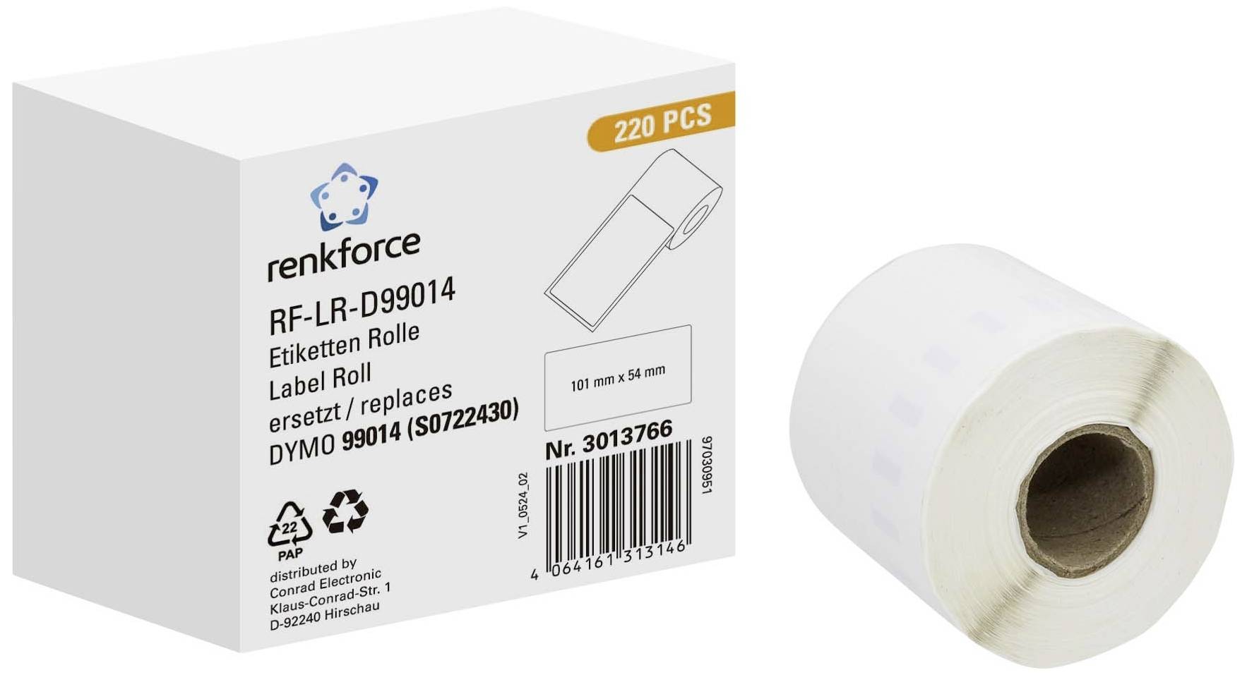 En rullepakke med 220 etiketter til printpatroner. Mærke: renkforce. Model: RF-LR-D99014. Kompatibel med DYMO 99014.