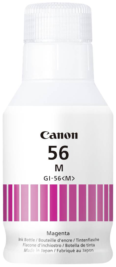 Blækflaske til Canon-printer, model GI-56M, med magenta blæk. Flasken har en hvid låg og indeholder 135 ml blæk.