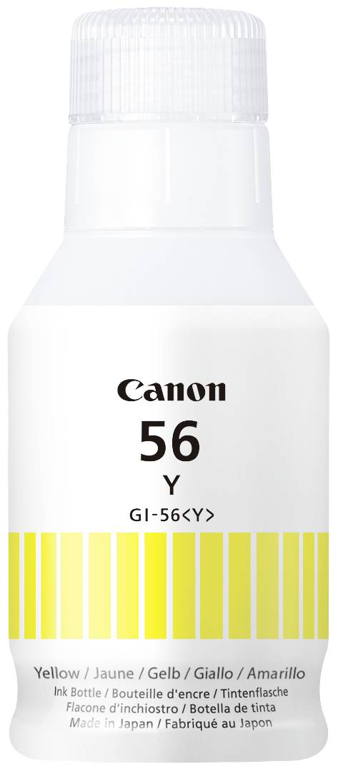 Hvid blækpatron fra Canon-mærket, model 56Y, til gul blæk. Tekst på flere sprog, produktionsoplysning: Fremstillet i Japan.