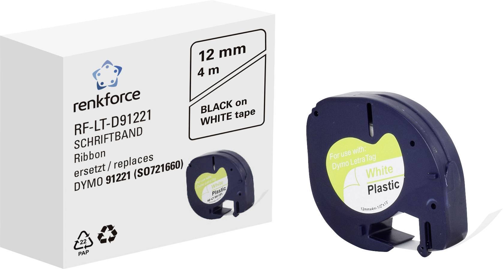 Etiketbånd fra Renkforce med 12 mm bredde og 4 m længde, kompatibelt med Dymo LabelWriter. Sort tryk på hvidt bånd.