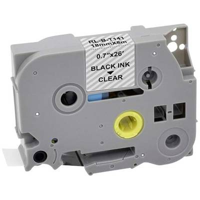 Grå kassette med påskriften 'RL-B-T141 18mm×8m' og 'BLACK INK'. Indeholder sort blæk. Egnet til print- eller etiketteringsmaskiner.
