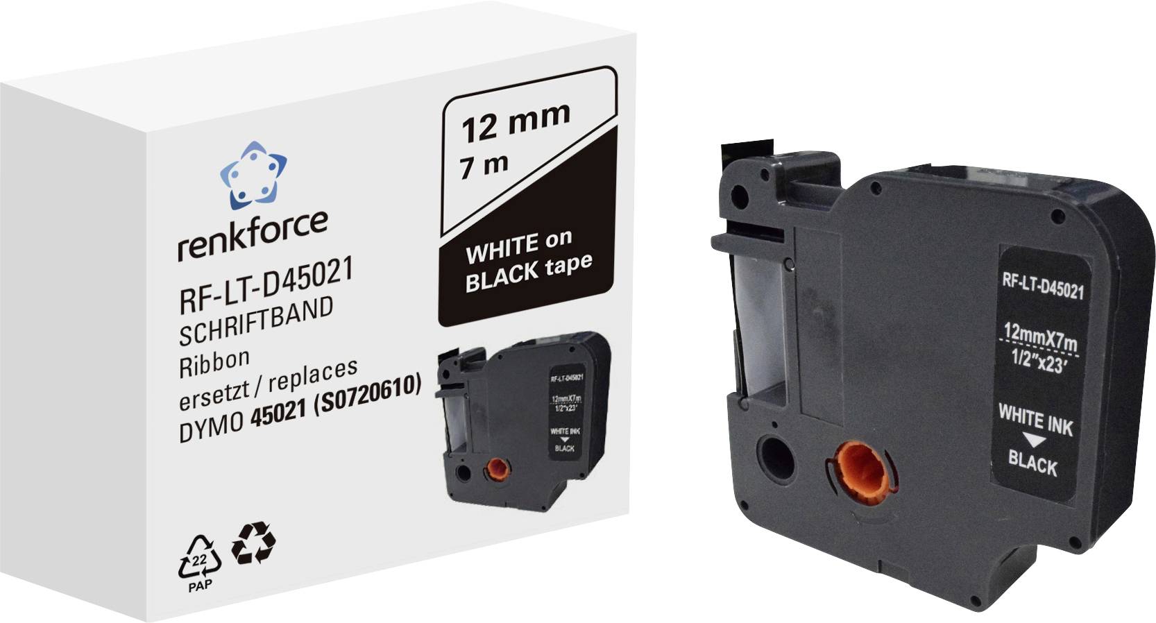 Labelband-kassette og emballage fra renkforce, model RF-LT-D45021. Erstatning for DYMO 45021, 12 mm x 7 m, med hvid skrift på sort bånd.
