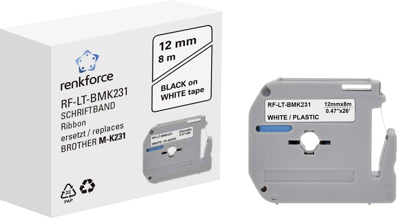 Et navnebånd med betegnelsen RF-LT-BMK231 fra Renkforce. Mål: 12 mm x 8 m. Erstatning for Brother M-K231. Farve: Sort på hvid.